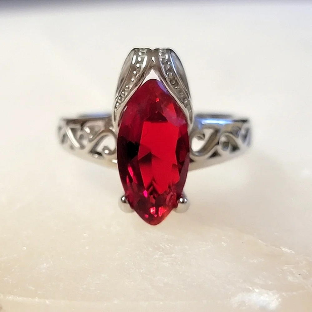 Faux Ruby Marquise Cocktail Ring Silver Tone